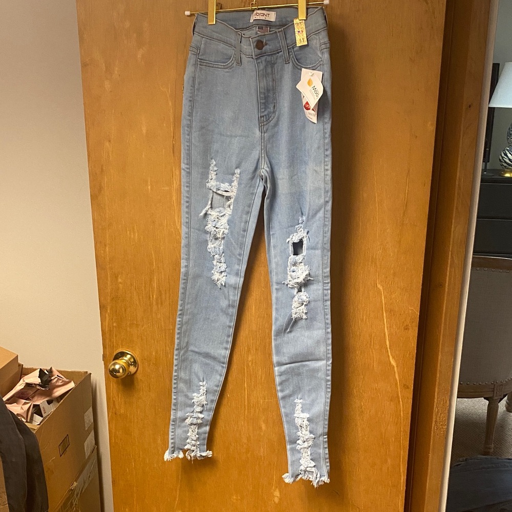 Stretchy High Rise Ripped Jeans in Light Blue - Picture 2 of 7